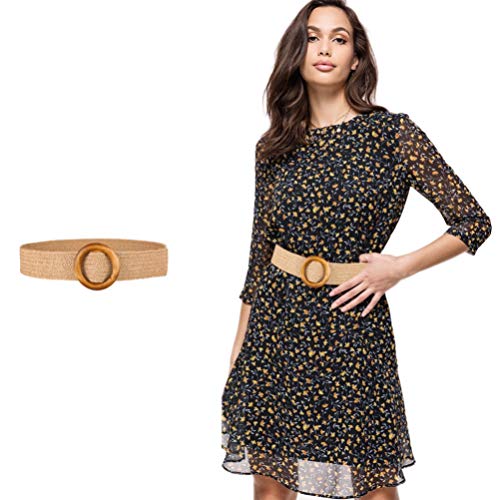 Retro Ladies Woven Belt with Round Wooden Buckle, Fashion Waist Belt for Women, Brown, 37 Inches2