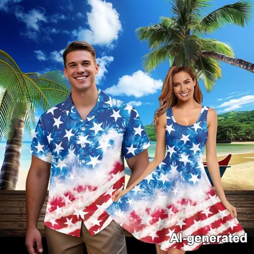 Image of Hawaii Matching Couple Outfits Husband and Wife Clothing Fashionable Mens Casual Shirts Hawaii Dress with Soft Fabric