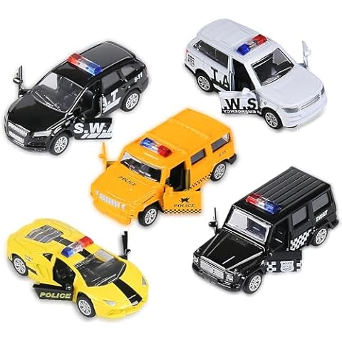 KIDAMI Die Cast Metal Little Toy Cars Set of 5, Openable Doors Pull Back Car Gift Pack for Kids (Police car) Cover