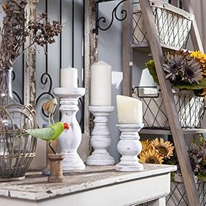 NIKKY HOME Pillar Candle Holder Set of 3 - Farmhouse Wood Candle Stand, Mantle Decor Centerpieces for Fireplace, Living or Dining Room Table, Distressed White NIKKY HOME Pillar Candle Holder Set of 3 Farmhouse Wood Candle Stand Mantle Decor Centerpieces for Fireplace Living or Dining Room Table Distressed White
