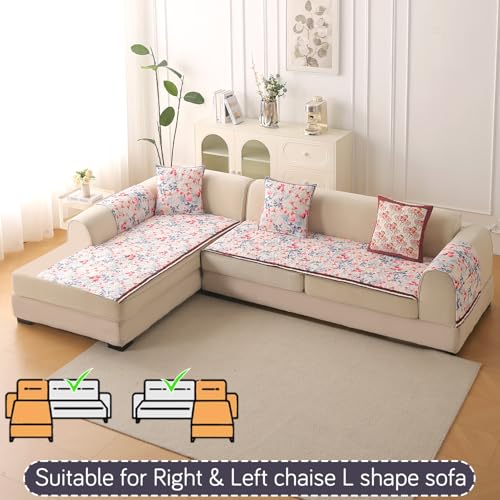 Image of HOKIPO 'Florentina Series' Foam Filled Holland Velvet L Shape (3+3 Seater) Sofa Cover Seat Mat with Anti-Slip Backing, Scarlet Rose Ivory (IN-882-V4*2)