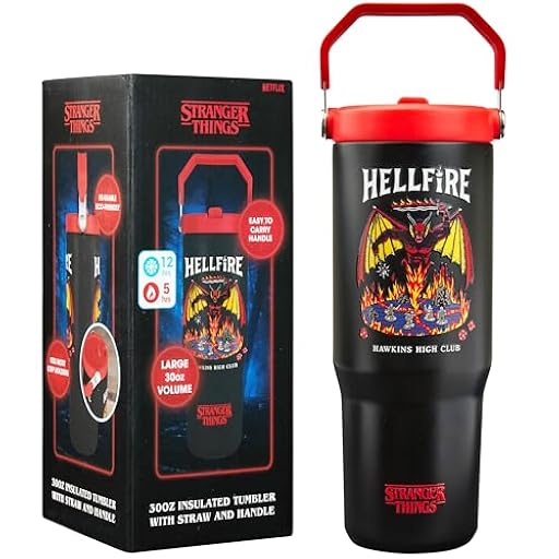 Get Trend Stranger Things Botella Termica con Pajita y Asa 850ml, Vaso Térmico Antigoteo Reutilizable, Taza Acero Inoxidable, Bebidas Frías y Calientes (Negro/Rojo Stranger Things) | Ya disponible en tu tienda friki favorita! En mundofriki.es!