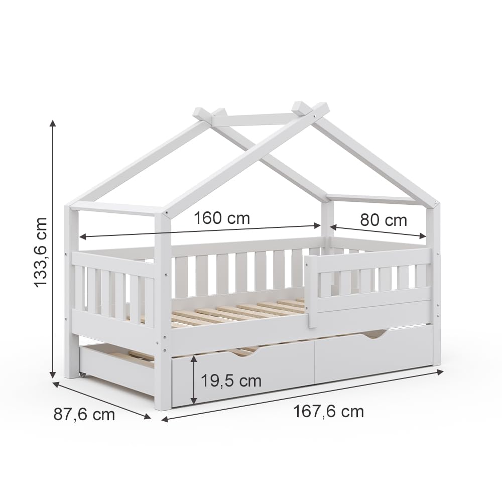 VitaliSpa Cama en Forma de casa Design, Blanco, 80x160 cm | con cama de invitados, apto como zona de juego y descanso para niños