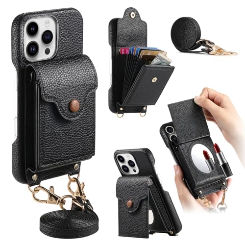 Coque pour iPhone 14 Pro étui avec porte-cartes de crédit et housse noire à cordon