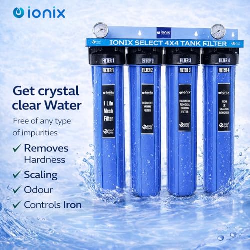 Image of IONIX 4 Stage Tank filter for whole house water filteration, Dual Sediment, Hardness, scale and Iron Prevention, 1 Set, Blue