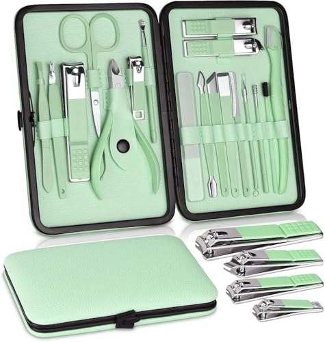 ETTA Manicure Set, 18pcs Nail Clippers Pedicure Kit with PU Leather Case Nail Care Kit Professional Tools Gift for Women Wife Girlfriend Parents (Green and Black) - Image 3