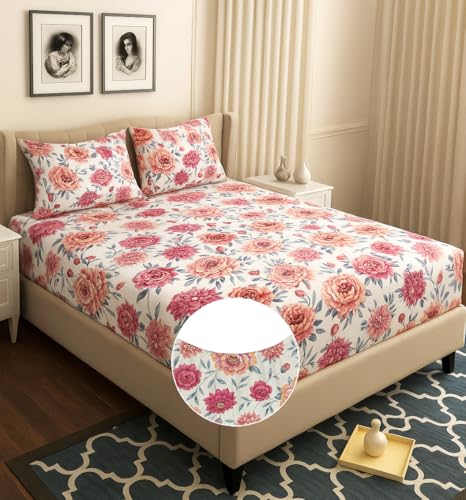 Image of HOMEKART 120 TC Cotton Rich Elastic Corner Fitted Bedsheet with 2 Pillow Covers | Double Bed 72x68+6 Inches | Wrinkle-Free, Super Soft & Breathable Floral Design | Pink