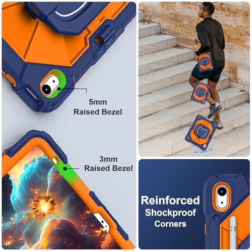 Image of Scnioy Case for iPad (A16) 11th Generation 11 Inch (2025) / iPad 10th Generation Case 10.9 Inch (2022) with 360 Rotating Stand Screen Protector Pen Holder Shoulder Strap, Navy Orange