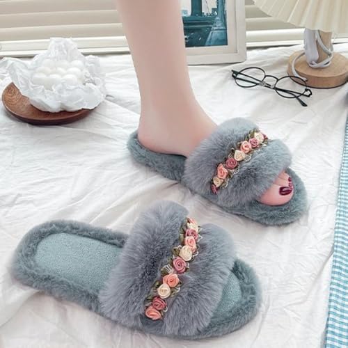 Floral Plush Slippers For Women Comfortable Fur Slides Flat Indoor Slip-On Fluffy Sandals Home Slipper4