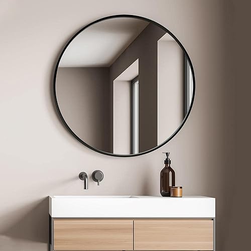 LRGLASS Espejo redondo grande de 36 pulgadas marco de aleación de aluminio negro espejo montado en la pared para tocador de baño mantel y decoración