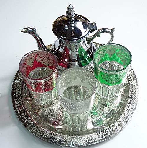 kenta artesanias juegos de t� marroqui Original 3 Vasos, Tetera para 3 hasta 4 y Bandeja de 25 cm repujada a Mano (Fucsia Blanco Verde)