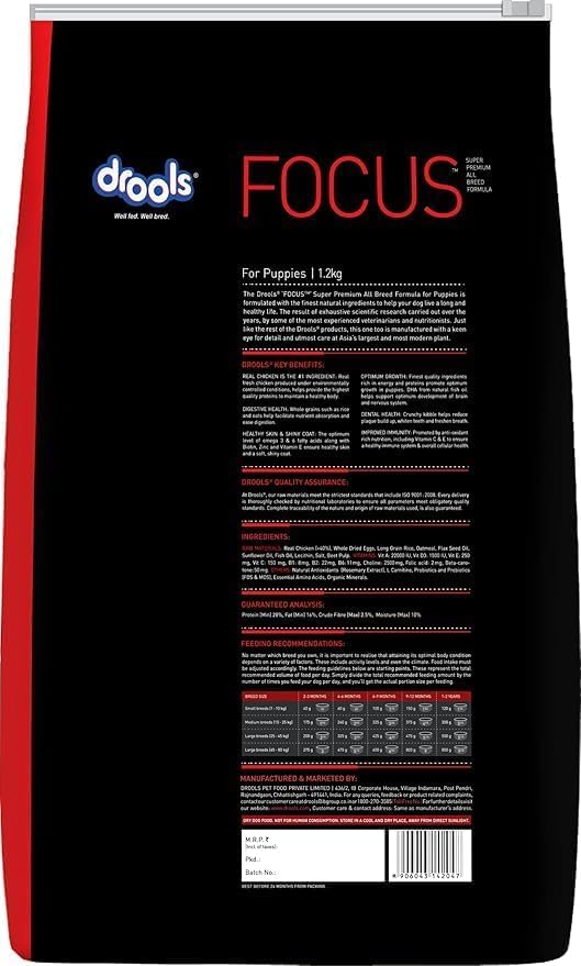 Image of Drools Focus Premium Puppy Dry Dog Food 1.2kg Pack | Chicken Flavour | Growth & Intelligence | Digestive Health | Healthy Skin & Coat | Improves Immunity