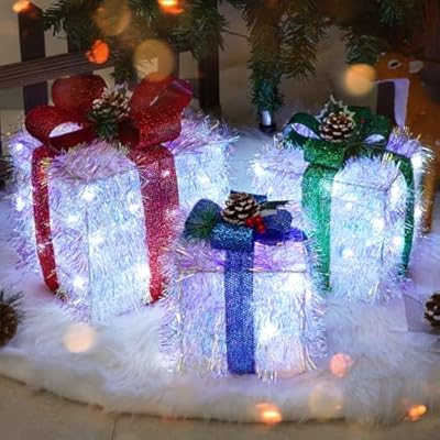 Christmas Decorations Indoor, Set of 3 LED Christmas Lights Gift Box with Bows, Christmas Ornaments Decorative Presents Boxes Xmas Lights for Tree Carpet Kitchen Office Party and Room Decor (Square)