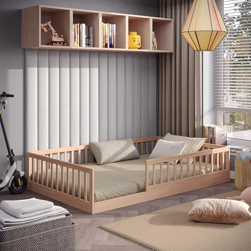 CADANI Timi Kinderbett 120x200 cm Bodenbett, Rausfallschutz abnehmbar, bis 200 kg belastbar, Roll-Lattenrost, Montessori Kiefer Massivholz Bett, 3 Aufbauvarianten, umbaubar, Natur