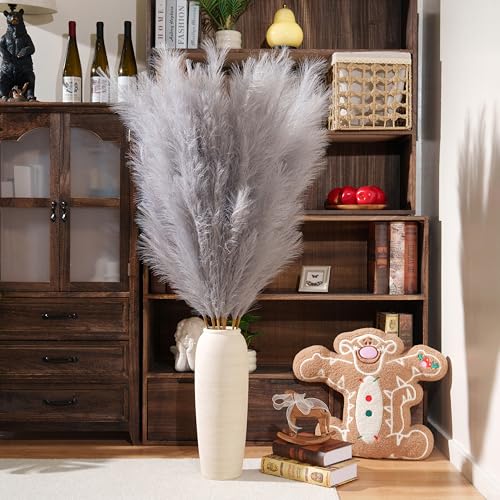 Premium Faux Grey Pampas Grass – 55" Tall Ultra-Fluffy 24-Branch One-Piece Stems No Assembly, Luxury Silk-Feel Feather Flowers for Modern Industrial Minimalist Home Decor (Charcoal, 8 Stems) by penepico - Used condition - Image 2