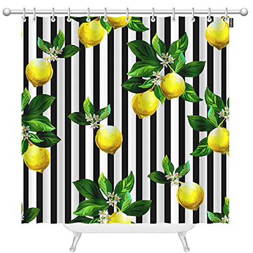 oFloral Lemons Shower Curtains for Bathroom Fresh Citrus with Green Leaves Pattern on Black and White Striped Background Polyester Waterproof Shower Curtain with Hooks 72 x 72 Inch