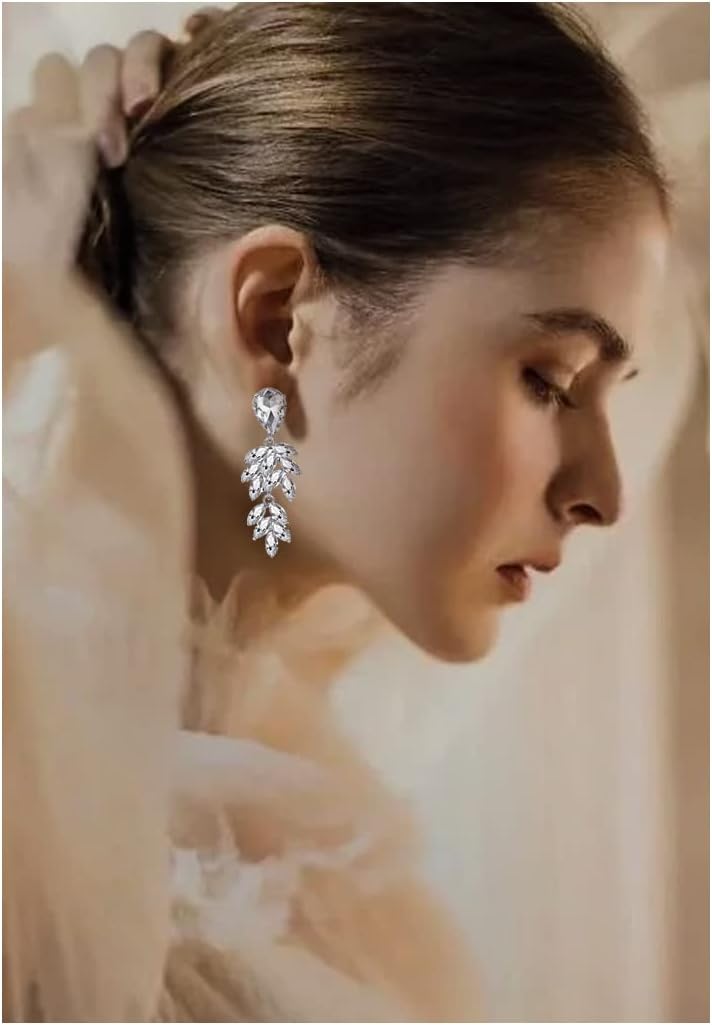 mecresh Silver/Champagne Leaf-Shape Marquise Crystal Chandelier Dangle Drop Earring for Women Wedding Party Gift - Image 2
