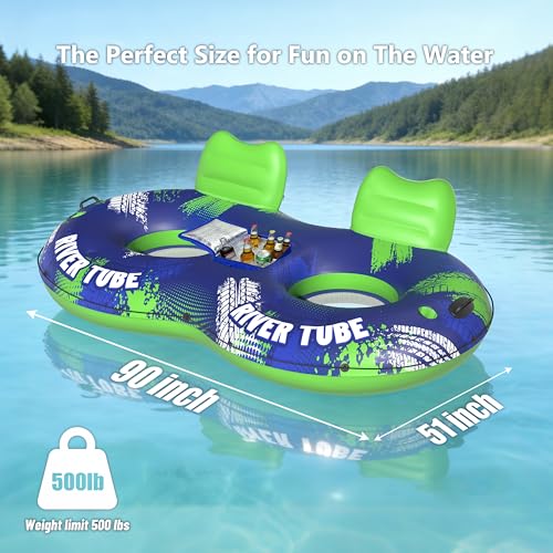 Image of JOSEN Inflatable River Tube Float - 2 Person Heavy Duty River Float, Pool Floats Adult, Lake River Floats Water Tubes for Floating with Removable Cooler & Cupholders for Summer Relaxation