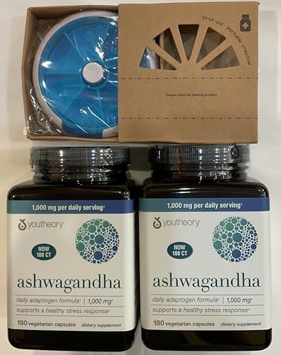 Youtheory Ashwagandha 1000mg with KSM-66 - Helps Support a Healthy Stress Response,180 Capsules (Pack of 2) and Pill Orgnizer Bundles