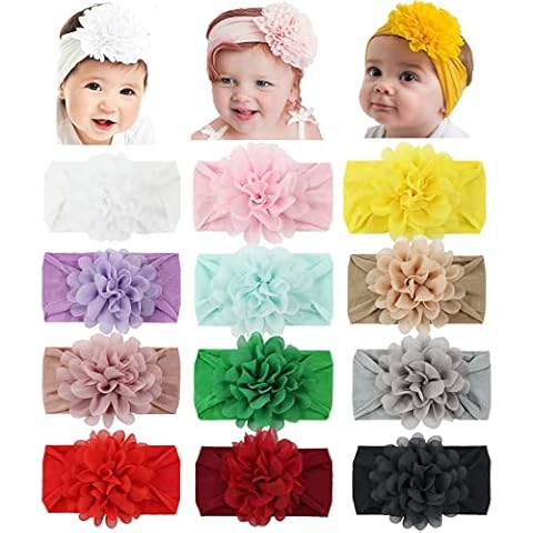 Cinaci 12 Pack Solid Stretchy Wide Nylon Headbands with Big Chiffon Flower Hairbands Hair Accessories for Baby Girls Newborns Infants Toddlers Kids Cover