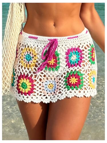 WDIRARA Women's Crochet Floral Cover Up Skirt Sheer Hollow Out Beach Swim Coverups Skirt3