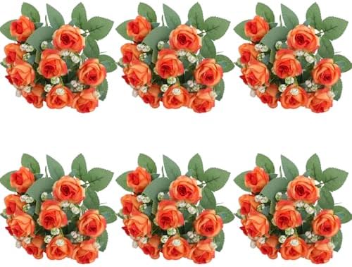 6-Pack Orange Silk Rose Bouquets, 60 Roses Artificial Flowers Heads with Faux Baby's Breath Stems Leaves, Fake Roses for Wedding Bouquets, Centerpieces & Home Table Décor