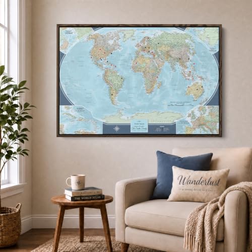 Image of Signature World Push Pin Map - Personalized Canvas Wall Art - Home Travel Decor - Brown Float Frame - 30 inch x 45 inch