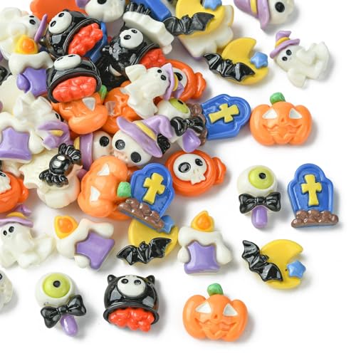 Stiesy 60 Pcs 10 Styles Halloween Theme Slime Charm No Hole Beads Resin Pumpkin Ghost Candy with Skull Spider Bat Nail Art Charm Flatback Cabochons Bulk for DIY Jewellery Craft Making - Image 3