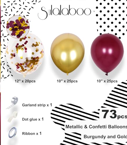 Image of Metallic Burgundy and Gold Balloons 12 Inch 73PCS Gold Maroon Confetti Latex Balloons Shiny Helium Balloon Set for Birthday Party Anniversary Graduation Decorations