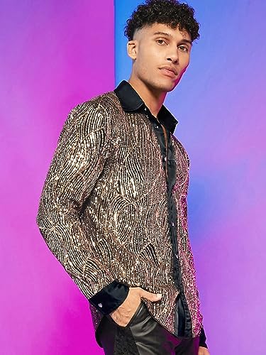 WDIRARA Men's Button Front Long Sleeve Contrast Collar Sequin Shirt Metallic Party Club Tops3