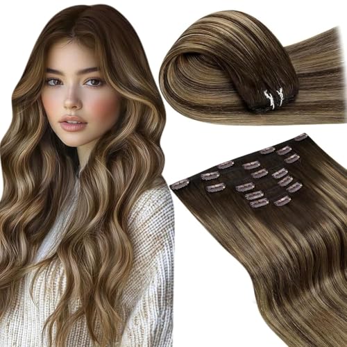 Image of LaaVoo Clip in Hair Extensions Real Human Hair Brown Balayage Human Hair Clip in Extensions Brown Ombre Human Hair Extensions Clip ins Full Head 22 Inch 7pcs /150g