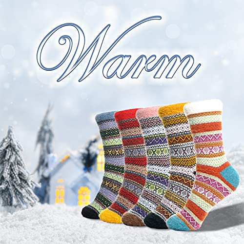 Image of ICEIVY Womens Socks 5 Pairs Wool Warm Cotton Thick Vintage Casual Winter Cabin Crew Fuzzy Socks Gifts For Women