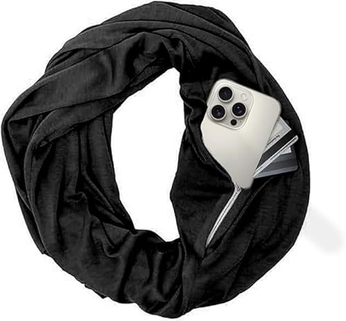 Pop Fashion Infinity Scarf for Women Lightweight - Multifunctional Travel Scarf with Hidden Pocket - Solid Color Scarves (Black)