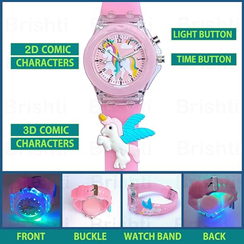 Image of Brishti 3D Cartoon Character Multicolored Glowing Digital Light and Girl's Analogue Wrist Watch | Unique 3D Cute Cartoon Character on Strap | Soft Silicone Strap | Suitable for Age 3-12 Year Kids