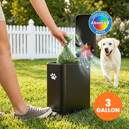Image of iTouchless 3 Gallon / 12 Liter Dog Poop Trash Can with AbsorbX Odor Filter - Outdoor Pet Waste Receptacle with Step Pedal - Soft Close Metal Garbage Bin for Yard, Patio, Bathroom, Matte Black