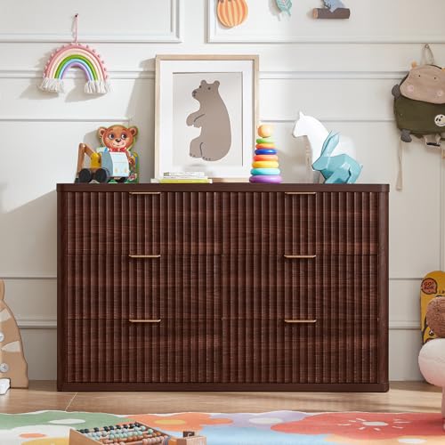 Image of LEYAOYAO Fluted 6 Drawers Dresser Set of 2, 48 inch Wide Modern Chest of Drawers with Metal Handle, Walnut Curved Profile Dresser TV Stand, Wooden Drawer Organizer for Bedroom, Living Room, Hallway