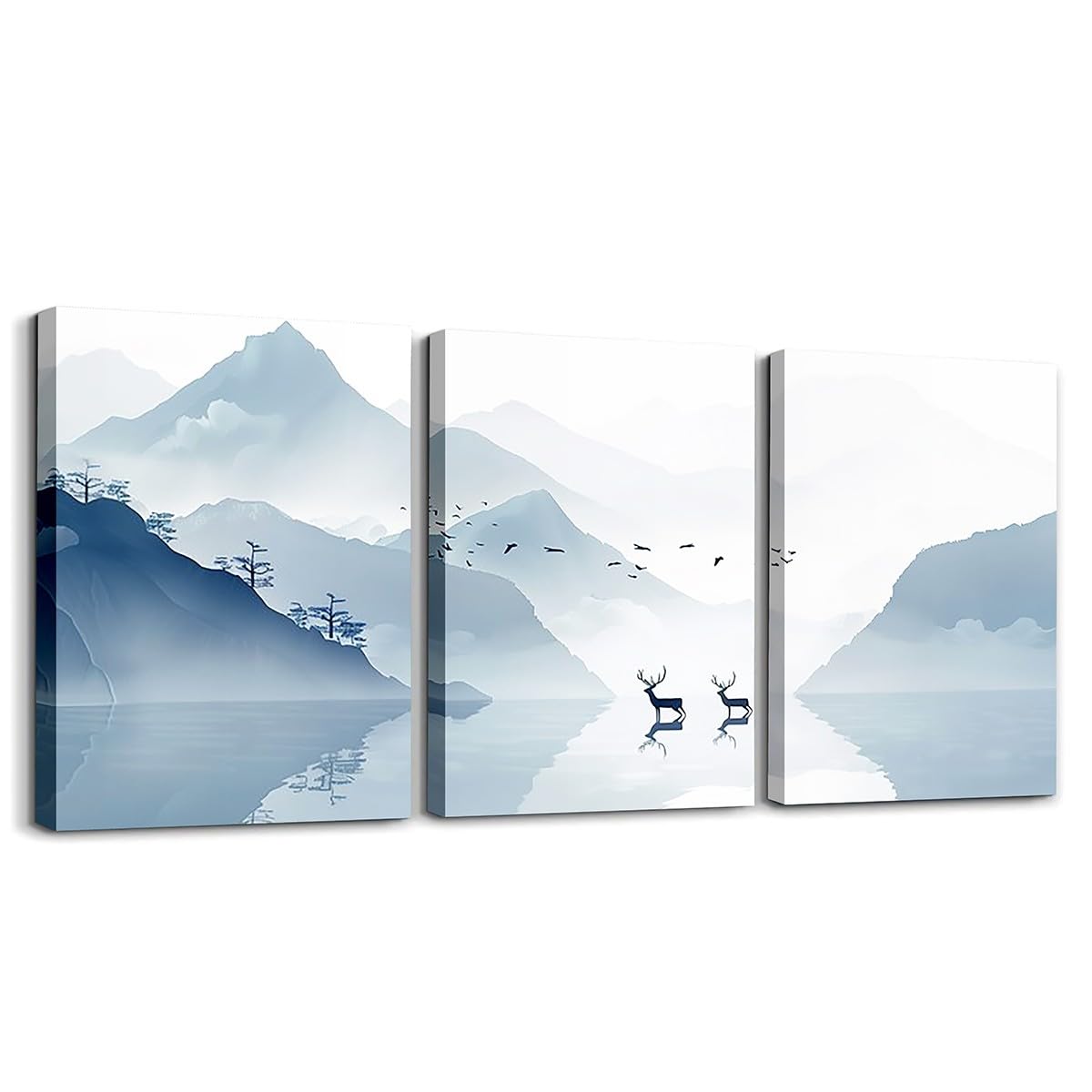 Homewish Deer Canvas Wall Art,Watercolor Mountain Framed Wall Art 40x30cm 3 Piece for Living Room,Jungle Landscape Wall Decor for Office,Ombre Poster Easy to Hang