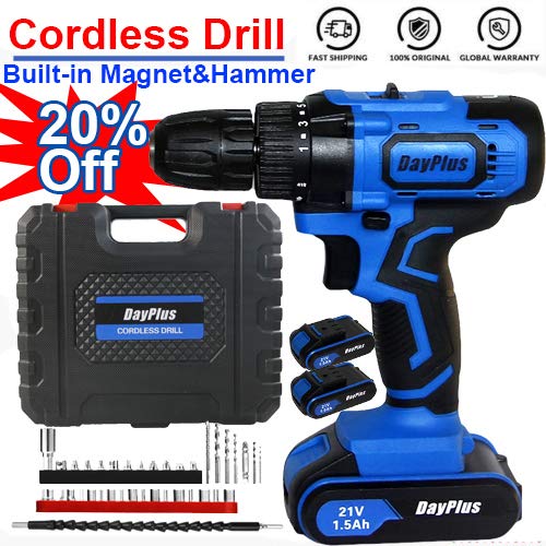 Cordless Drill Driver Kit with 2 Batteries, 21V Power Drill 45Nm 18+3 Clutch, 3/8" Keyless Chuck, Variable Speed & Tail Hammer Electric Screw Driver for Drilling Wall, Bricks, Wood, Metal