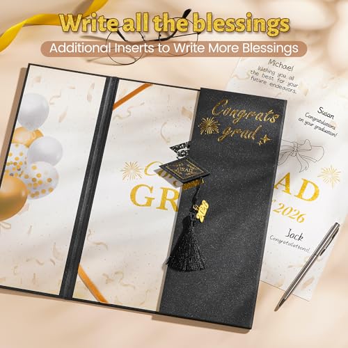 Image of AYGXU Black Gold Graduation Party Decorations, Class of 2026 Congratulations Graduates Alternative Signature Guest Book,Autograph Book with Tassel, Congrats Grad Party Signing Card Board