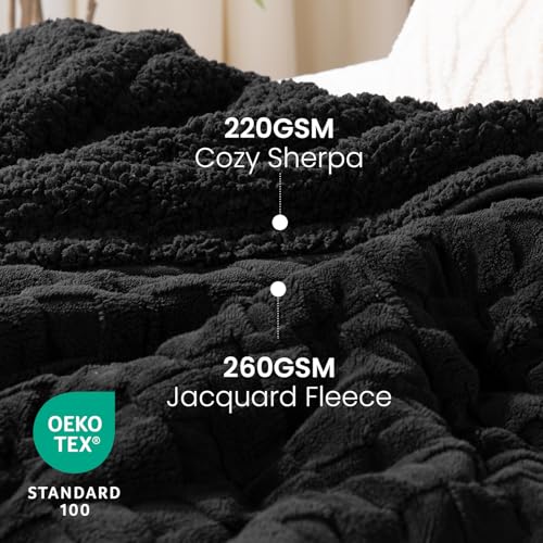 Image of 15lbs Weighted Blanket Twin Size, Classy Soft Jacquard 3D Checkered Sherpa Weighted Blankets for Adults, Cozy Fluffy Bed Blanket for Sleeping, 48 x 72 inches, Ceramic Beads, Black