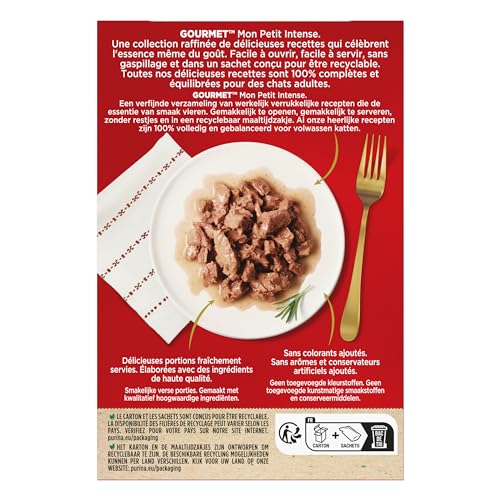 Gourmet MON Petit Intense | Katze | Diskrete in Soße | Thunfisch, Lachs, Forelle | 8 Stück à 6 x 50 g | Frischebeutel