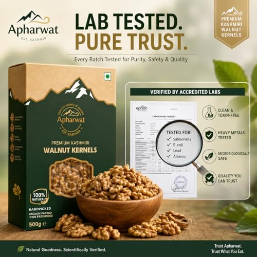 Image of Apharwat Kashmiri Walnut Kernels Without Shell | Light Halves Grade | 500g | Single Origin Kashmir | Vacuum Sealed + Oxygen Absorber | Akhrot Giri | Source of Natural Plant Oils | Fresh Crop