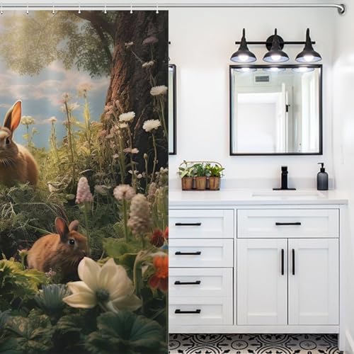 Rideau de douche lapin en polyester lavable 183x183cm avec 12 crochets