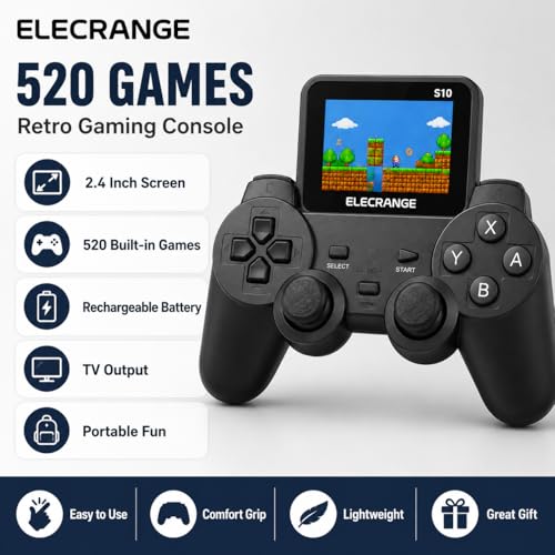 Image of S10 Handheld Video Game Console with 520 Built-in Retro Games, 2.4 Inch Colour Screen, Rechargeable Portable Game Player with TV Output, Ergonomic Controller Design, Gift for Kids, Black