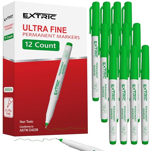 Extric Permanent Markers Ultra Fine Tip, Green, 12 Pack, Quick Drying, Waterproof, Fade Resistant Artist Markers For Wood, Plastic, Metal, Paper &Amp; More, Fine Line Drawing, Coloring
