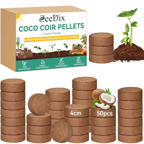 Image of ZeeDix 50pcs(40mm) Coco Coir Pellets Potting Soil Indoor Plants, Compressed Coconut Coir Soil Pellets Seed Starting Pellets Soil Discs for Planting Flowers Bonsai Herbs Plants and Vegetables