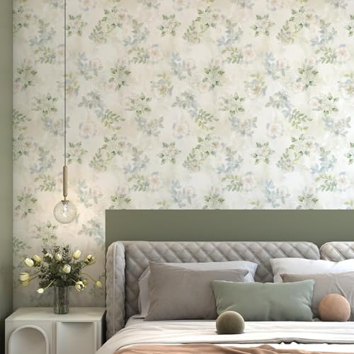 Image of Textured Wallpaper Peel and Sticks Vintage Flowers Leaves Pattern Design Floral Wallpaper,Watercolor Flowers with Leaves,Pastel Blue Green,Vintage Botanical Design Home Decor Vinyl Adhesive16.5&87inch