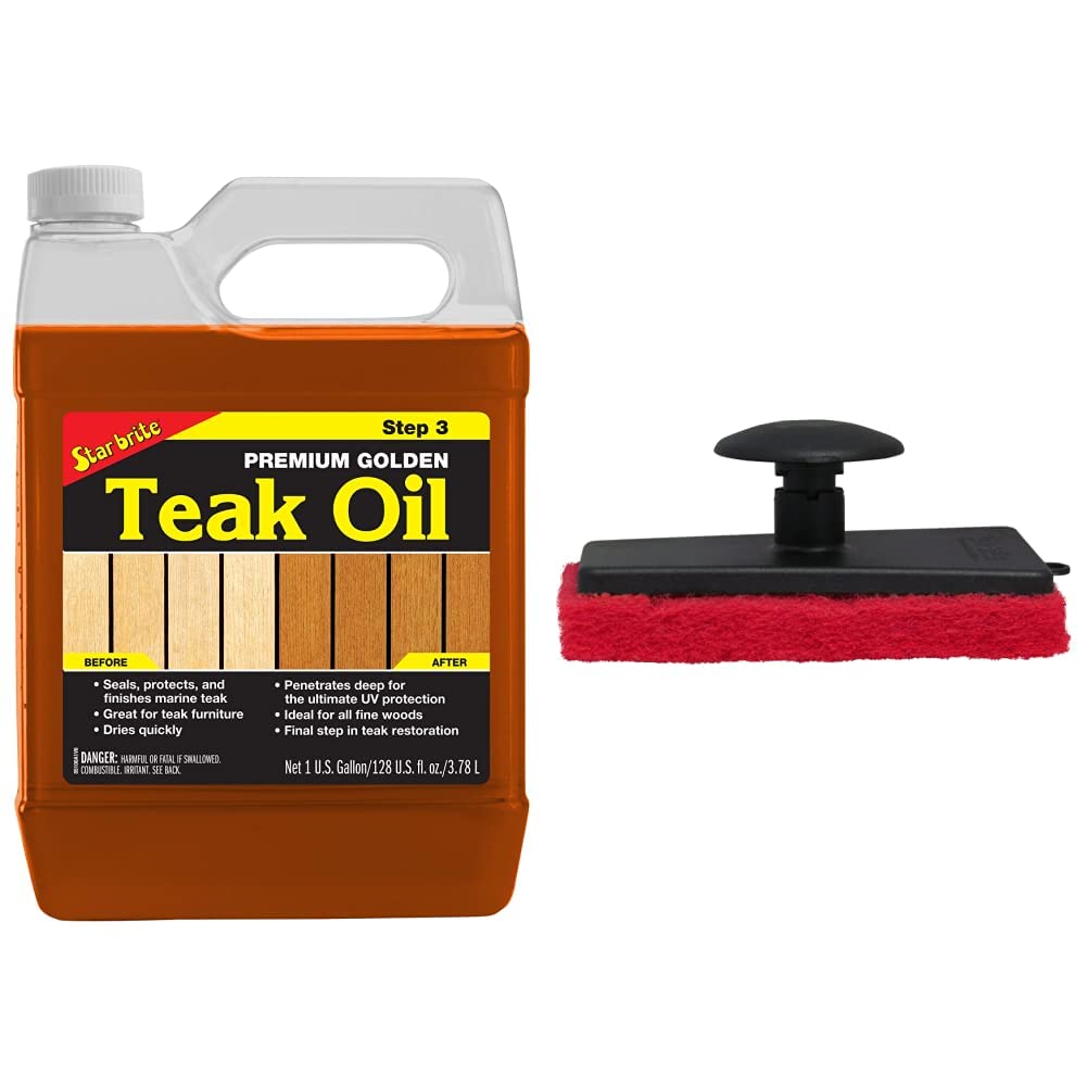 STAR BRITE Premium Golden Teak Oil - Sealer, Preserver &amp; Finish for Outdoor Teak &amp; Other Fine Woods - Step 3-1 GAL (085100) &amp; Scrubber/Medium (Red) (040021P)