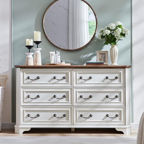 T4TREAM-Farmhouse-6-Drawers-Dresser-for-Bedroom-54-Wide-Wood-Rustic-Chest-of-Drawers-with-Natural-Texture-Vintage-Design-Storage-Dressers-Organizer-for-Bedroom-Living-Room-Antique-White T4TREAM Farmhouse 6 Drawers Dresser for Bedroom 54 Wide Wood Rustic Chest of Drawers with Natural Texture Vintage Design Storage Dressers Organizer for Bedroom Living Room Antique White