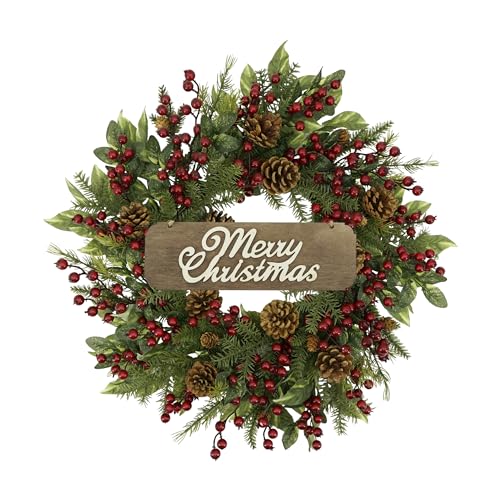 YNYLCHMX 20 Inch Winter Wreath for Front Door, Winter Wreath with Welcome Sign Pine Needle Pine Cone Red Berry, Artificial Door Wreaths for Window Farmhouse Holiday Party Decoration